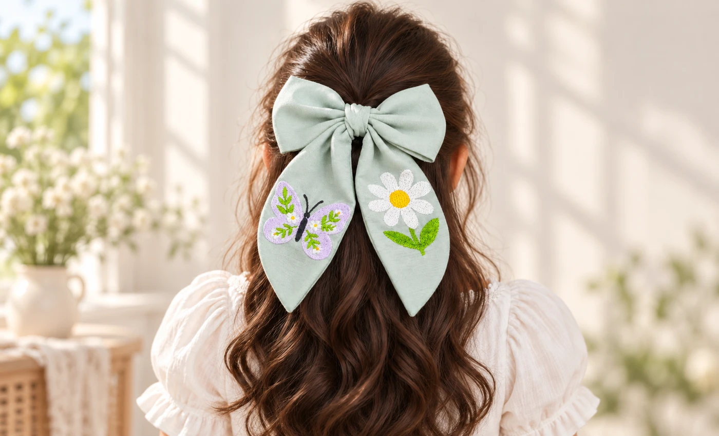 Laço verde-sálvia com margarida branca e borboleta lilás no cabelo